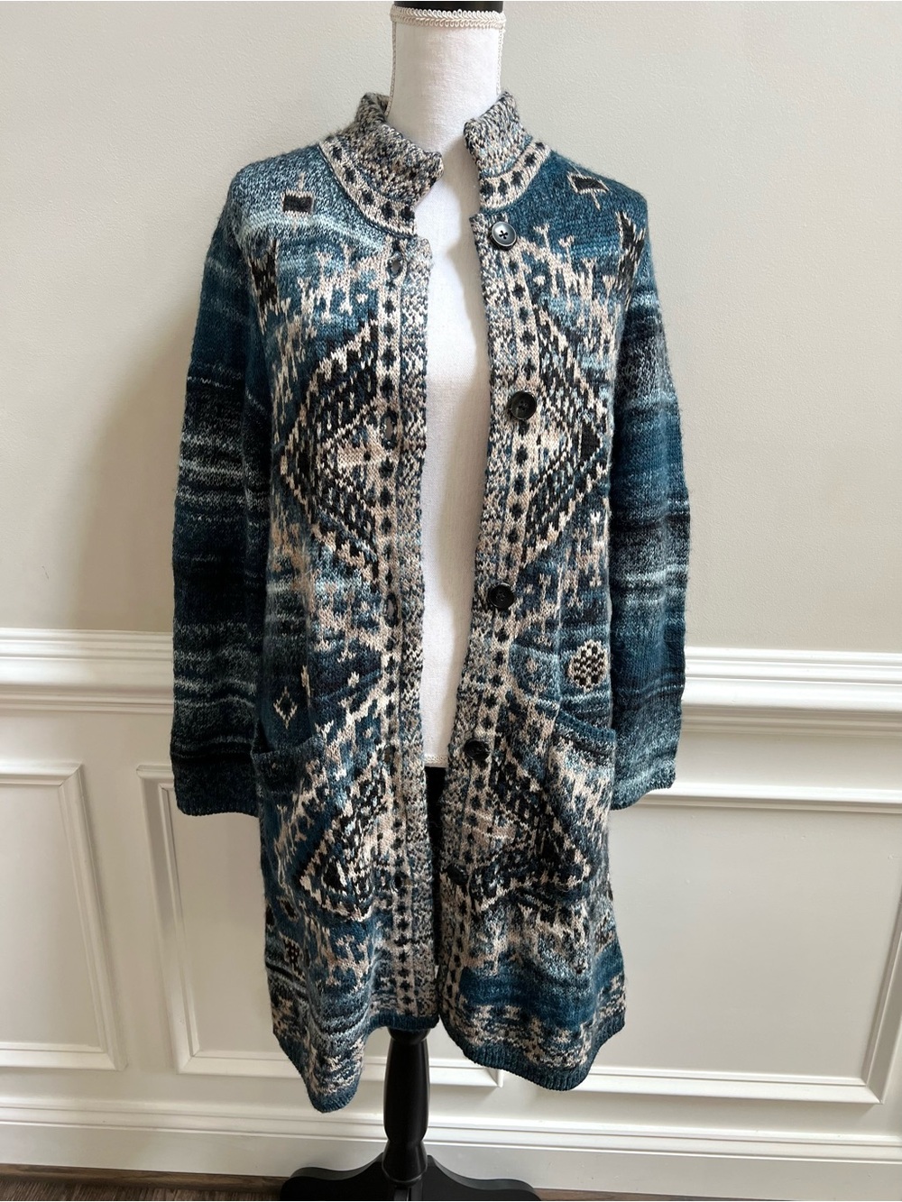 J. Jill Southwestern Aztec Long Cardigan Sweater Duster Blue Boho Knit Jacket S - Picture 7 of 10